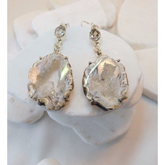Natural Geode Slice Quartz Druzy Herkimer Diamond Sterling Silver Earrings - Picture 6 of 8